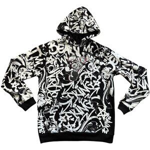 Popeye All Over Print Graphic Hoodie Black White Red Sweatshirt Size Large